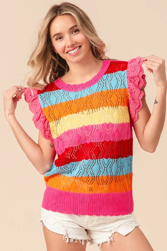 Pointelle Striped Ruffled Knit Top Boat Neck Knit Top