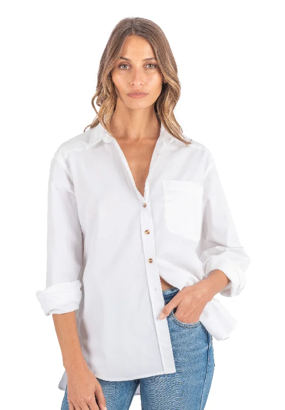 Poppy-Cotton White Oversized Cotton Shirt Asymmetrical Pockets Print