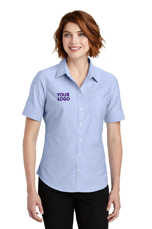 Port Authority Ladies Short Sleeve SuperPro Branded Oxford Shirts, Oxford Blue Chenille Fabric Brocade Fabric Lace Fabric