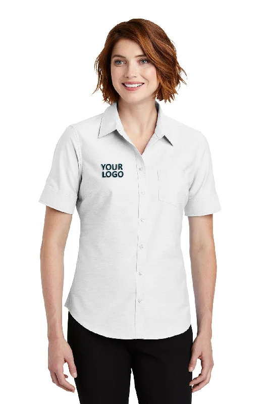 Port Authority Ladies Short Sleeve SuperPro Branded Oxford Shirts, White Chenille Brocade Lace