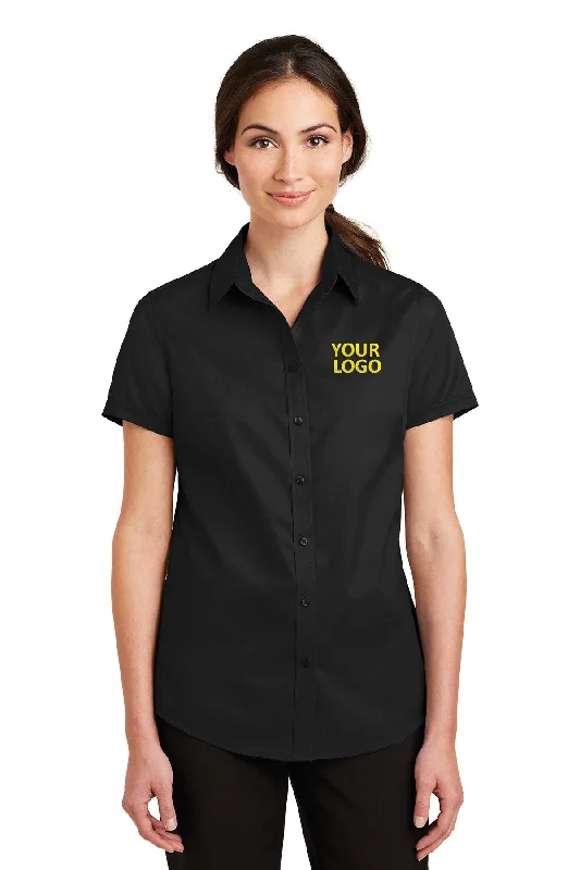 Port Authority Ladies Short Sleeve SuperPro Branded Twill Shirts, Black Embroidered Appliqued Beaded