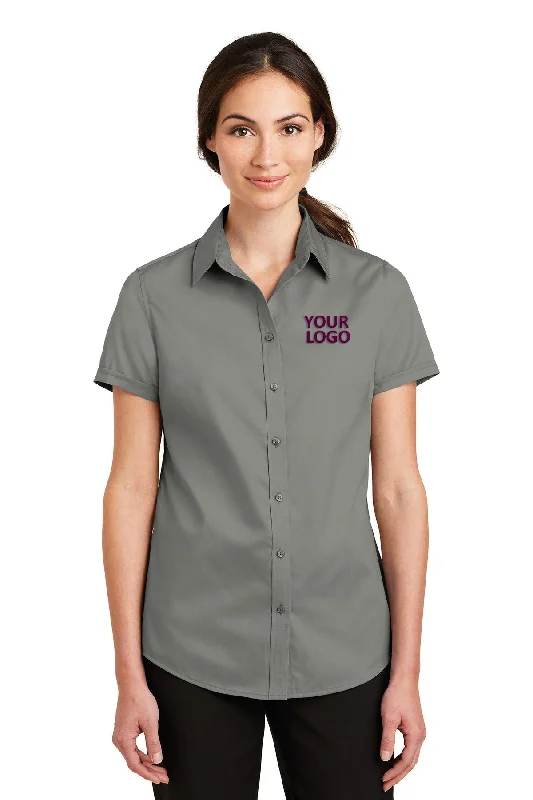 Port Authority Ladies Short Sleeve SuperPro Branded Twill Shirts, Monument Grey Fleece Fabric Down Fabric Feather Fabric