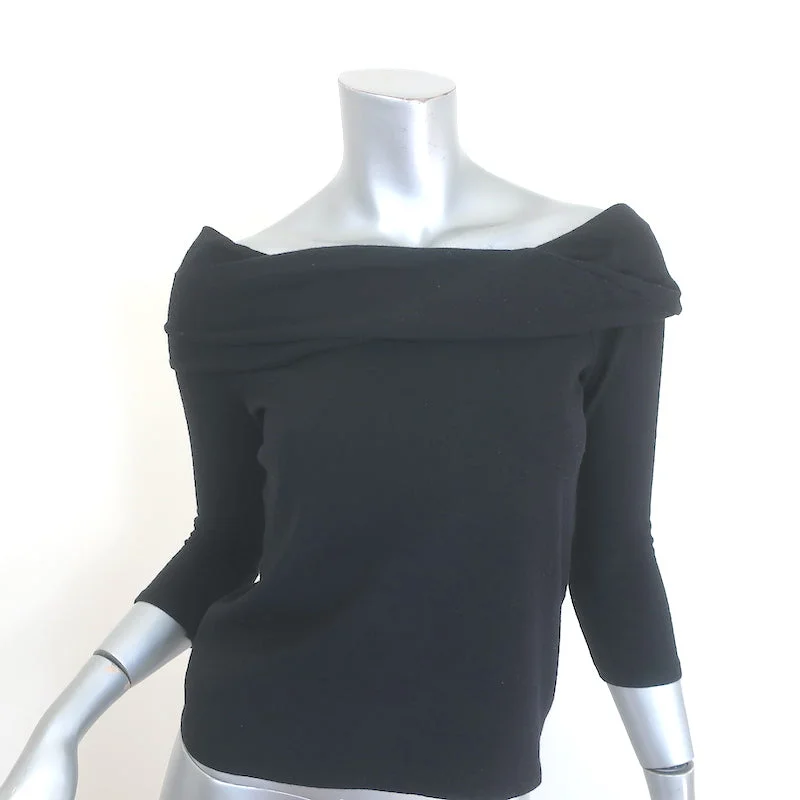 Ralph Lauren Black Label Off the Shoulder Draped Knit Top Black Wool Size Medium Sky Blue Knit Tee