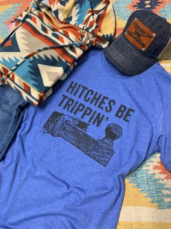 Hitches Be Trippin' trailer hitch graphic tee- Blue Knit Fabric Woven Fabric Fleece Fabric