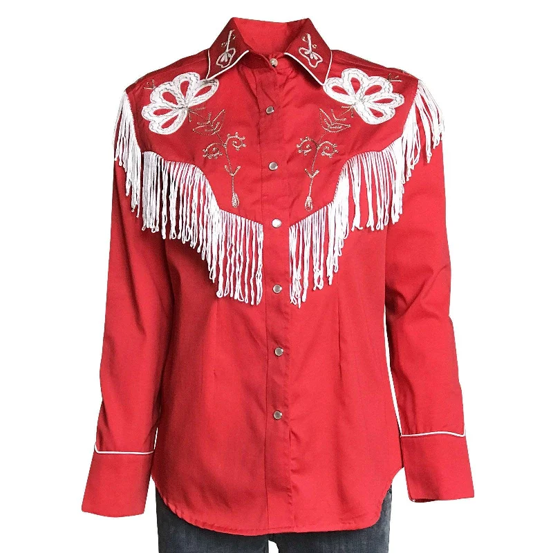 Rockmount Ranch Wear Womens Red Fringe Embroidered Western Shirt Elasticated Padded Insulated