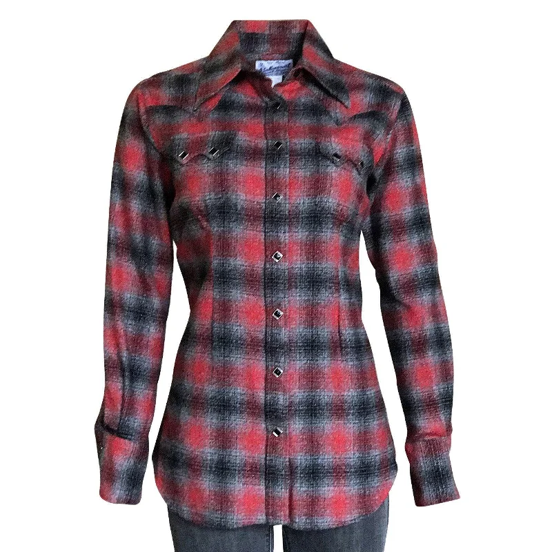 Rockmount Ranch Wear Womens Red & Grey Plaid Flannel Western Shirt Collared Crew Neck Turtle Neck