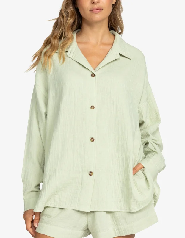 Morning Time Laurel Green Long Sleeve Buttondown Shirt Fashionable Trendy Casual