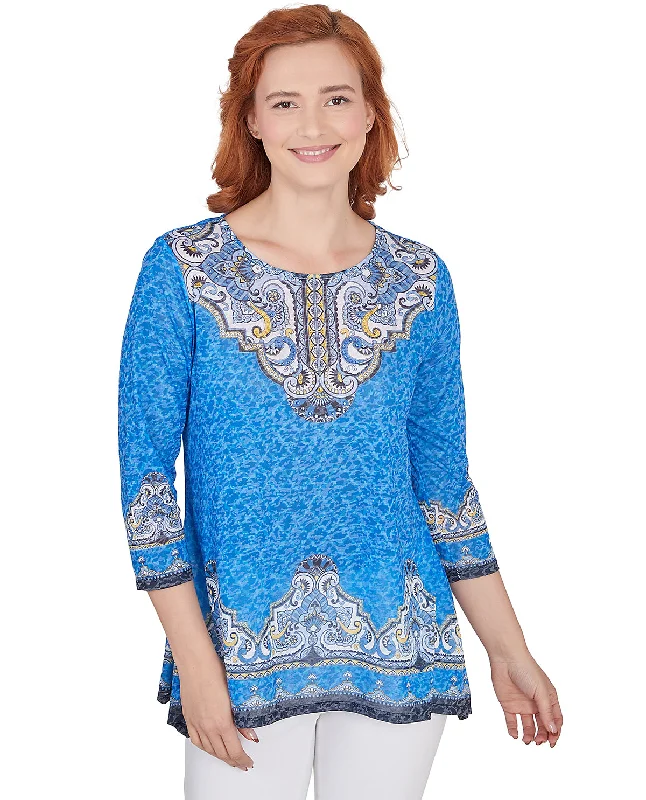 Ruby Road Blue Horizon Embellished Marrakesh Knit Top Budget-Friendly Knit Tee