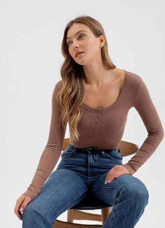 Scoop Neck Long Sleeve Henley Knit Top Textured Knit Blouse