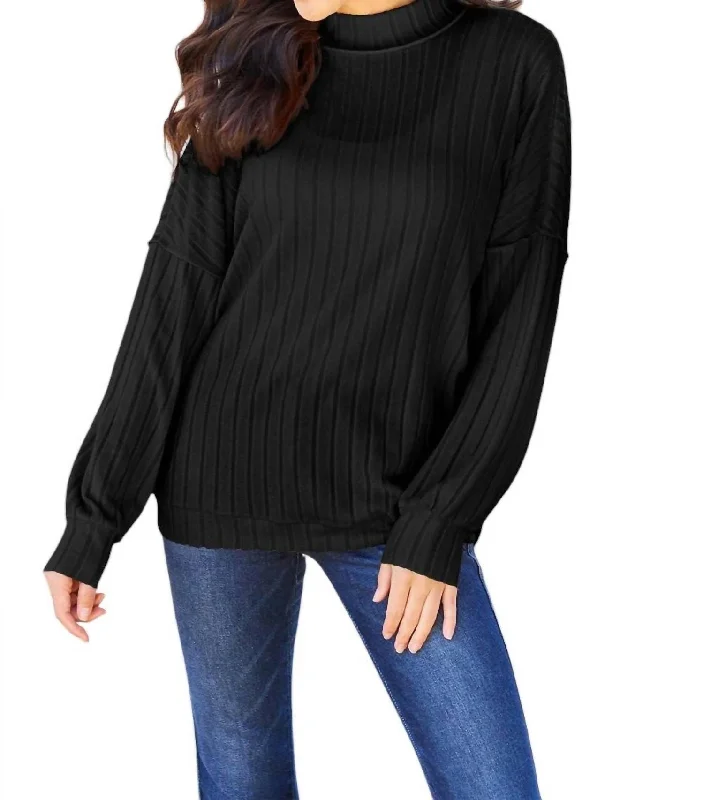 Sleek Ribbed Mock Neck Knit Top In Black Vintage Knit Top