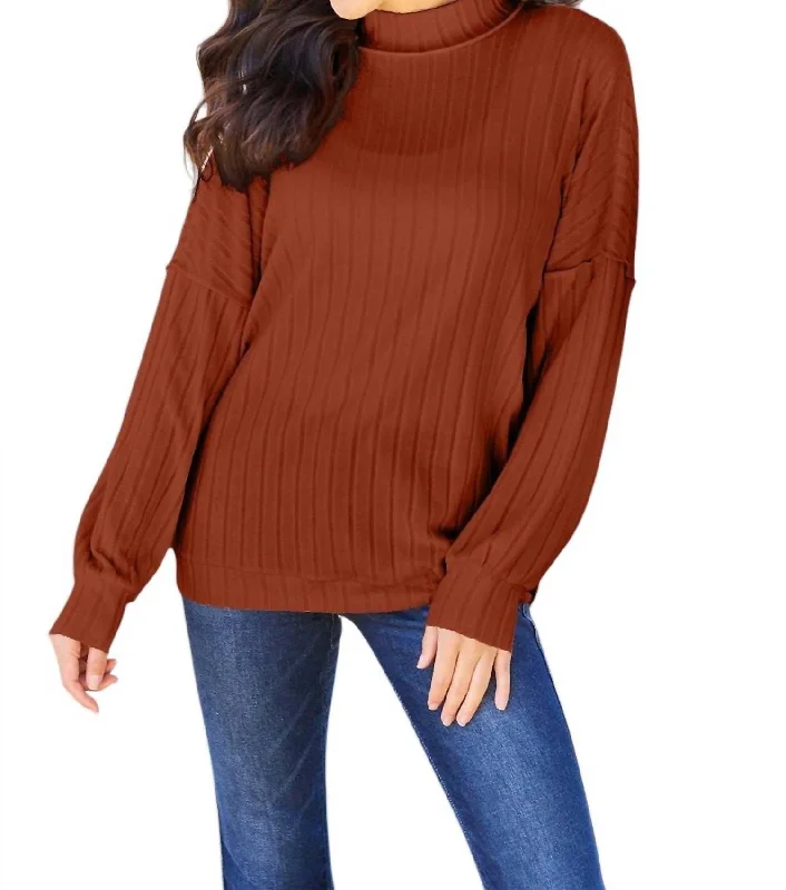 Sleek Ribbed Mock Neck Knit Top In Brick Red Bohemian Knit Top