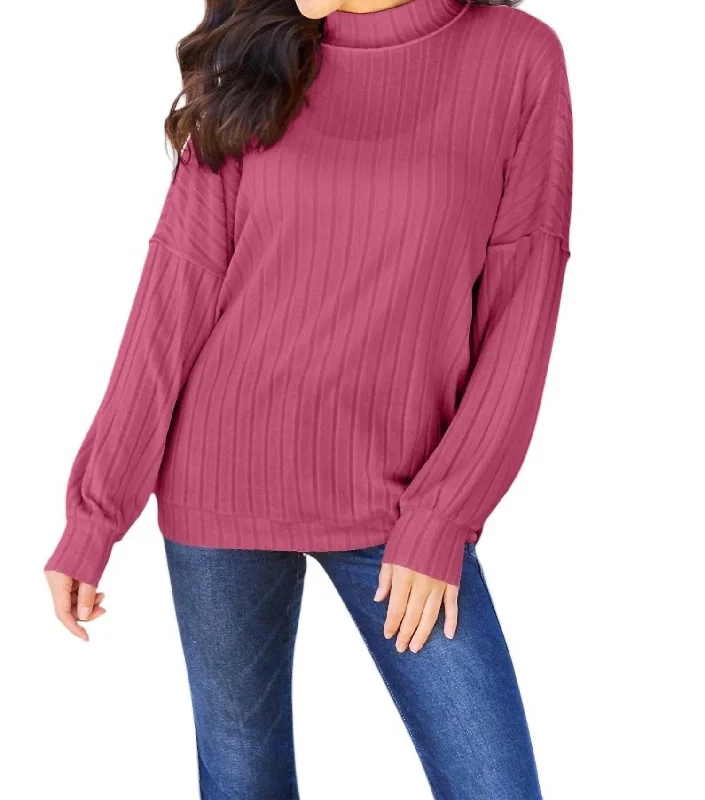 Sleek Ribbed Mock Neck Knit Top In Deep Rose Maximalist Knit Tee