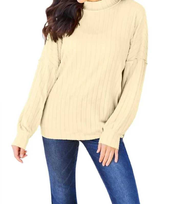 Sleek Ribbed Mock Neck Knit Top In Pastel Yellow Minimalist Knit Blouse