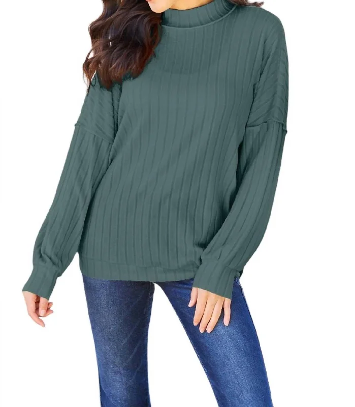 Sleek Ribbed Mock Neck Knit Top In Teal Retro Knit Shirt