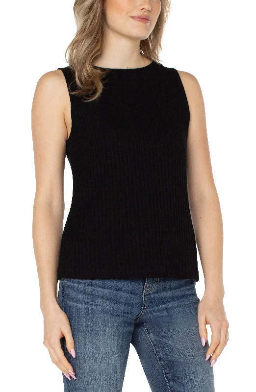 Slvls Boat Neck Rib Knit Top in Black Recycled Knit Tee