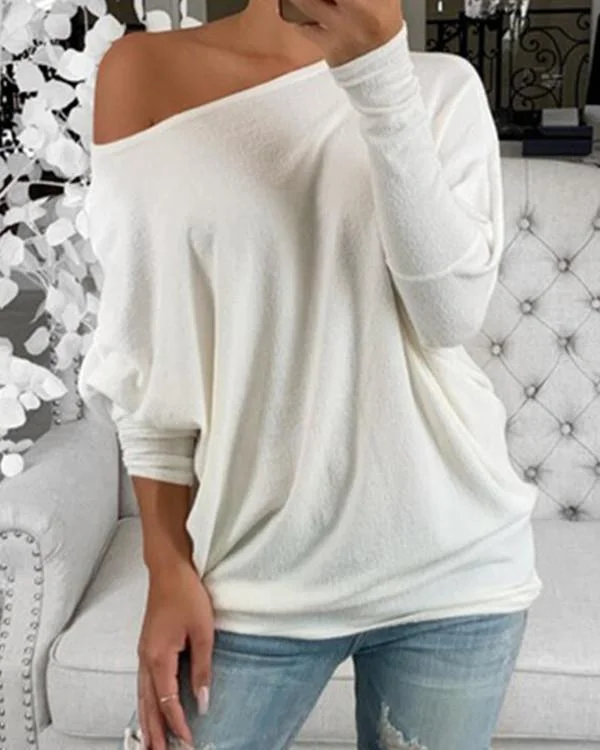 hoombox Solid One-Shoulder Batwing Sleeve Long Sleeves Casual T-shirts Welt Pockets Slit Pockets