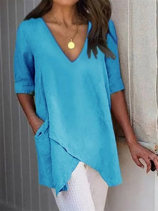 hoombox Summer Irregular Casual T-shirt New V-neck Half-sleeve Tops Beaded Sequined Faux Fur