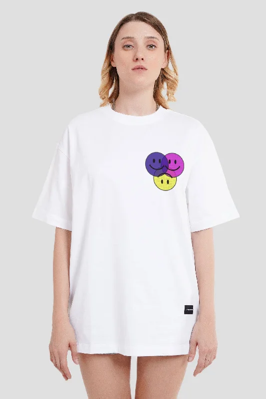 Three Smiley White Printed T-Shirt Mesh Canvas Denim