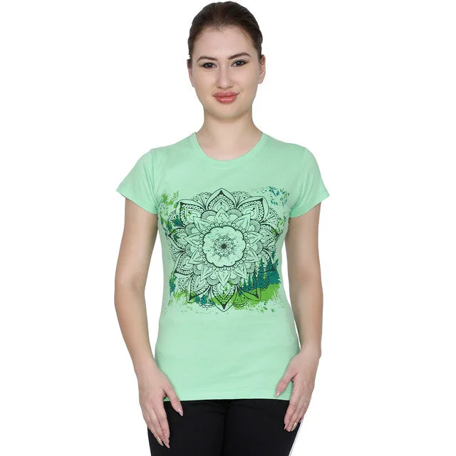 T.T. Women Slim Fit Printed Round Neck Printed T-Shirt Green Handmade Hand-knitted Hand-woven