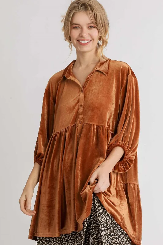 Umgee Full Size Button Down Tiered Back High Low Shirt - Terracotta Lace Blend Ribbed Blend Corduroy Blend