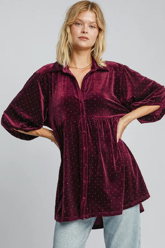 Umgee Full Size Polka Dot Button Up Half Sleeve Shirt - Burgundy Plaid T-Shirt Polka Dot Checkered