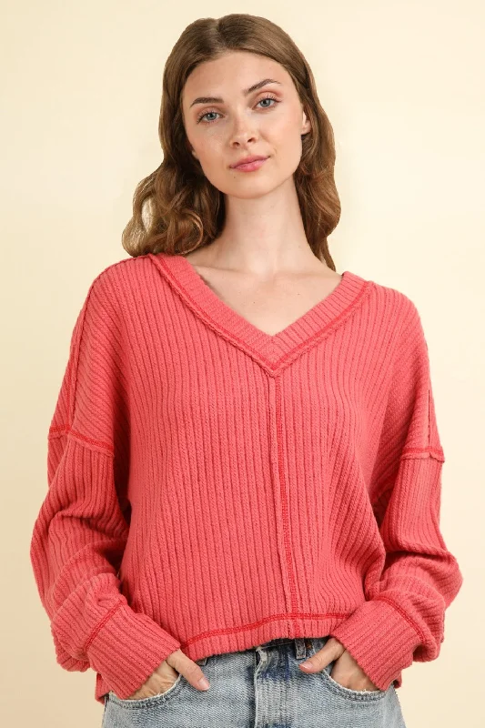 VERY J Exposed Seam V-Neck Ribbed Knit Top Comfortable Knit Tee