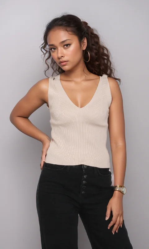 Women Fitted Knit Top (Beige) Off Shoulder Knit Top