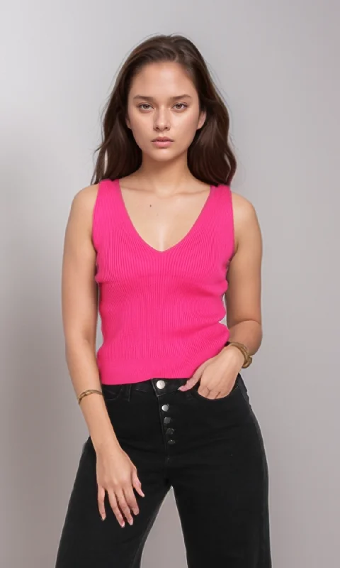 Women Fitted Knit Top (Fuchsia) Polo Neck Knit Top