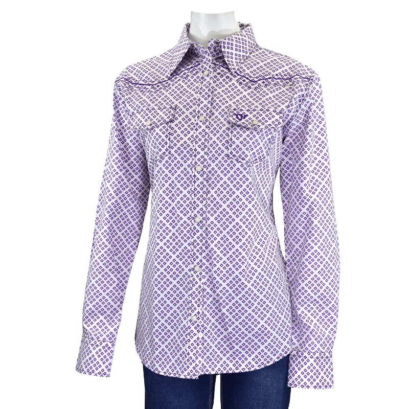 Women's Cowgirl Hardware Purple and White Wild Gem Long Sleeve Western Shirt Cashmere Blend Cotton Blend Poly Blend