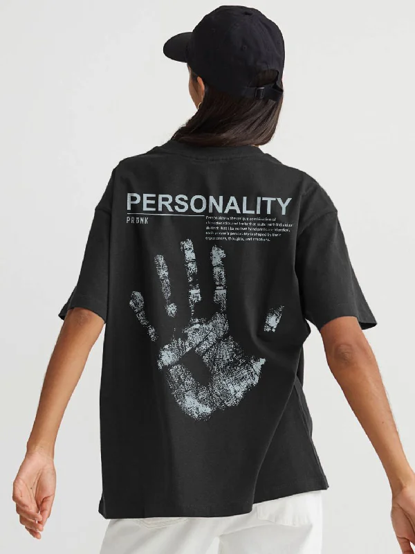 Personality Women Oversized Printed T-Shirt Front Pockets Side Pockets Patch Pockets