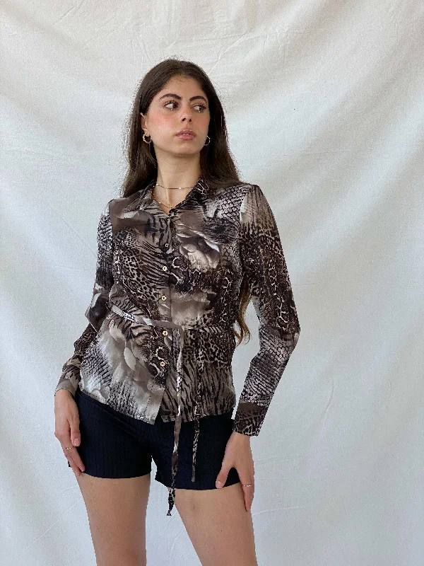 Y2K Festa Animal Print Long Sleeve Tie Waist Gold Buttoned Shirt - M Beaded Sequined Faux Fur Beaded Sequined Faux Fur