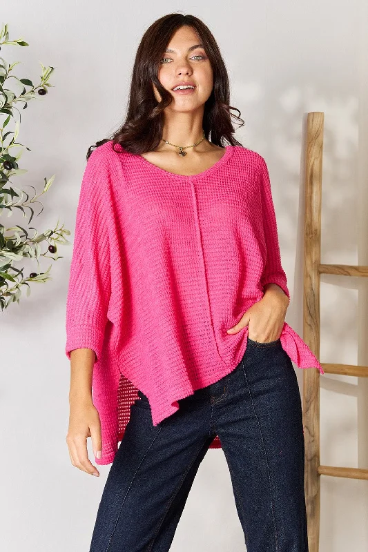 Zenana Full Size Round Neck High-Low Slit Knit Top V Neck Knit Shirt