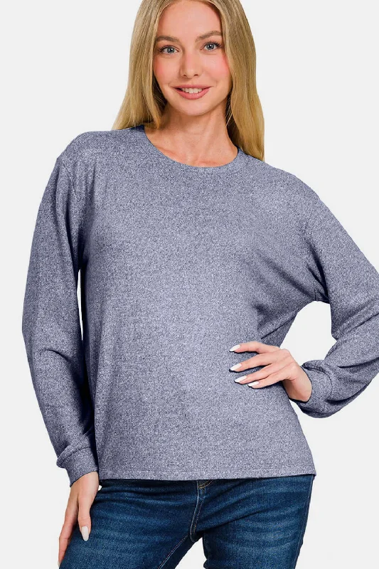 Light Navy Hacci Round Neck Long Sleeve T-Shirt Sequined Glittery Shiny Sequined Glittery Shiny