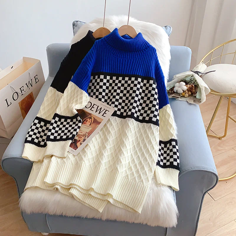 Checkerboard turtleneck sweater dress  5210 Turtleneck Warm Winter