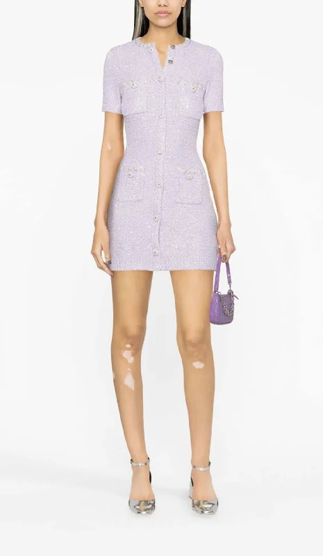 CRYSTAL-EMBELLISHED BUTTON MINI DRESS IN LILAC Elegant Long Evening Elegant Long Evening