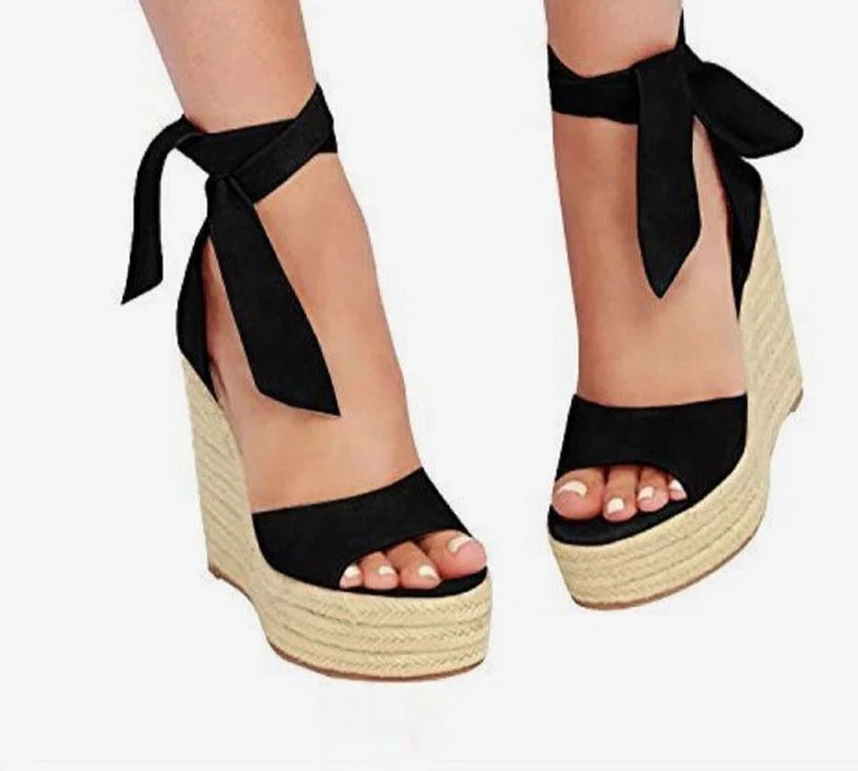 Women Summer Butterfly Knot Solid Black Open Toe Sandals Fashion Platform High Heel Wedge Shoes Ankle Bowtie Dress Shoes Tunics Seasonal trendy