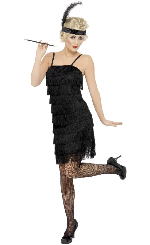 Flirty 1920s Womens Short Black Flapper Dress Costume Crew Neckline Casual