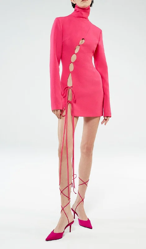 PINK HOLLOW OUT LONG SLEEVE MINI BANDAGE DRESS Tunics Silk luxurious