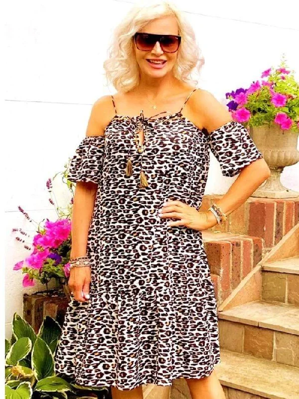 Lindsey Brown Cancun Designer Cold Shoulder Animal Print Dress Tunics Chic elegant