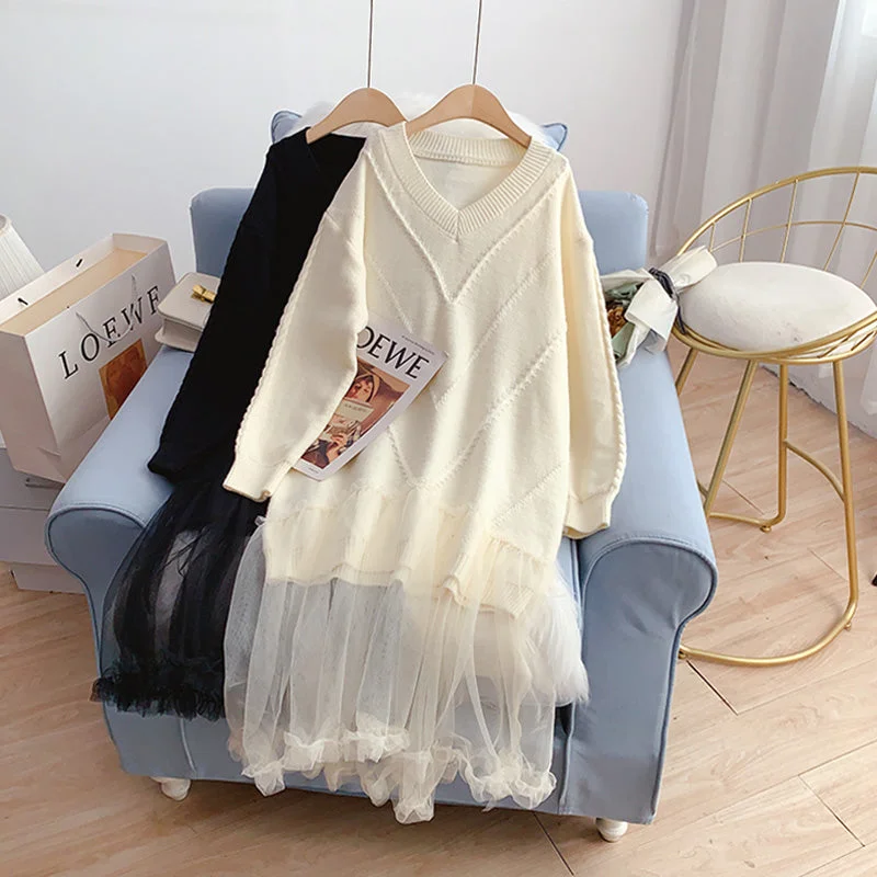 Mesh stitched loose long wool dress  4941 Tunics Essential wardrobe Tunics Essential wardrobe