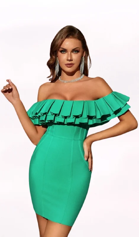 Off Shoulder Ruffles Green Mini Bandage Dress Tunics Floral girly