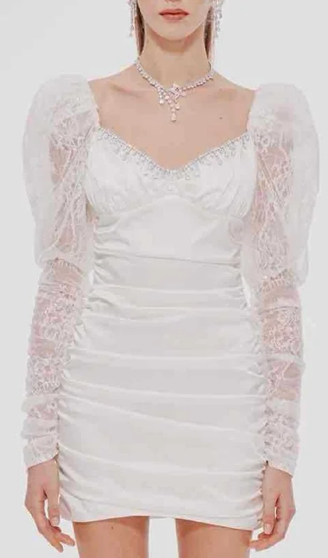 PLEATED DRESS WITH LACE PUFFED SLEEVES IN WHITE Tunics Lace romantic