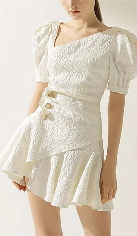 PUFFY SLEEVE BUTTON MINI DRESS IN WHITE Tunics Practical easy-care Tunics Practical easy-care
