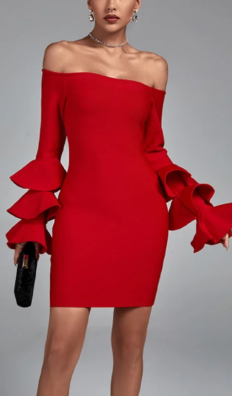 RED OFF SHOULDER LONG SLEEVE FRILL BANDAGE DRESS Tunics Evening elegant