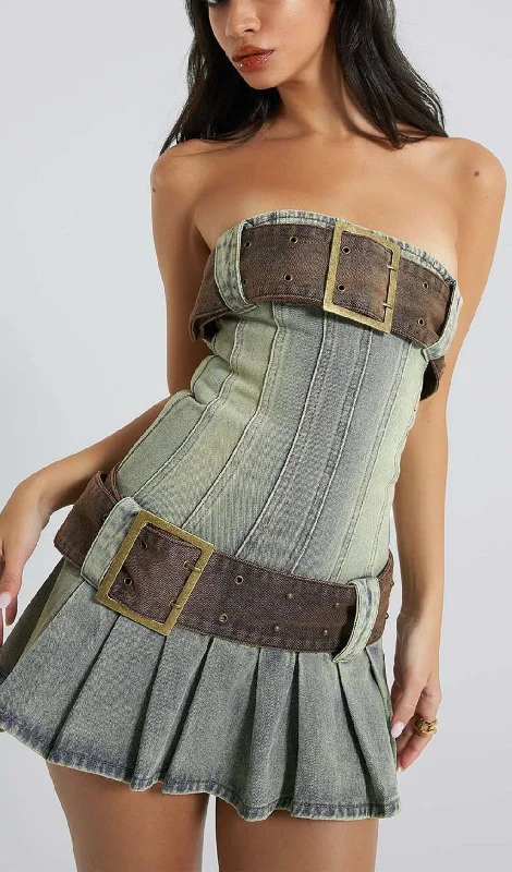 STRAPLESS BUCKLE DETAIL MINI DRESS IN BLUE Shift Classic Vintage Shift Classic Vintage