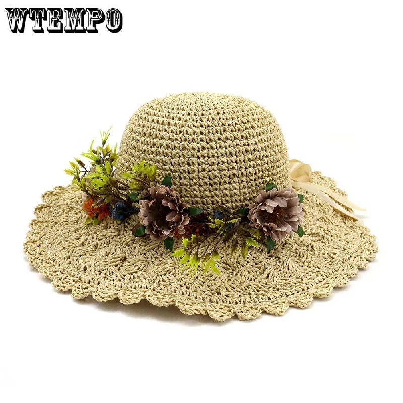 Straw Hat Floppy Women Ladies Summer Fashion Brim Beach Sun Dress Foldable Cap Crew Neckline Casual