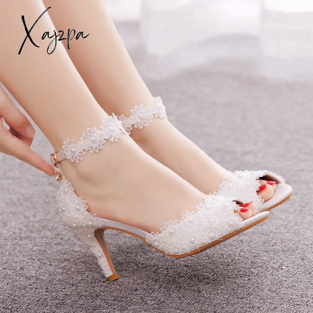 Xajzpa - White Lace Pearl Wedding Shoes Women Open Toe High Heels Luxury Sandals Banquet Dress Stiletto Tunics Velvet soft