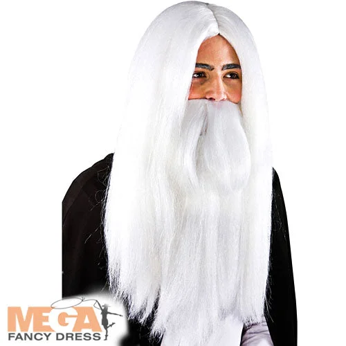 Mens White Wizard Wig & Beard Halloween Xmas Fancy Dress Accessory Tunics Velvet soft