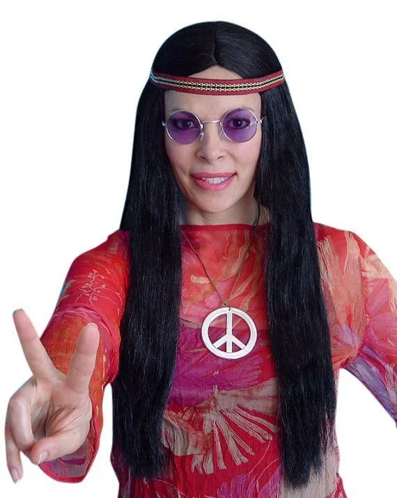 Hippie Black Costume Wig 60's & 70's Male & Female Fancy Dress Tunics Solid Classic