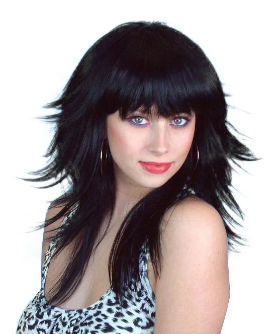 Retro Long Layered 70's Black Costume Wig Fancy Dress Tunics Luxurious premium